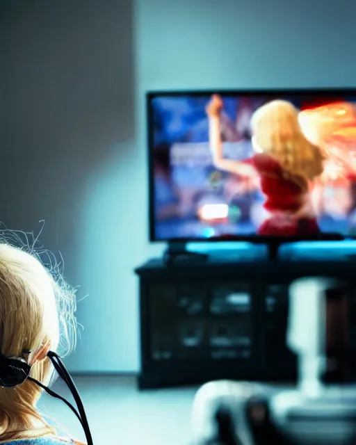 Prompt: view from behind of a cute beautiful blonde woman playing game, holding controller, watching television displaying call of duty, intricate detail, cinematic composition