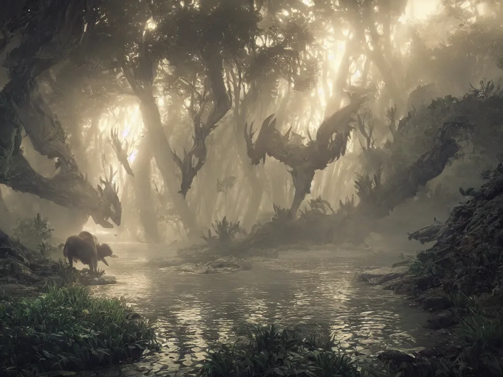 Prompt: animal monster with elemental magic hunting in foggy river. vaporwave, unreal engine 5, art by artgerm and greg rutkowski and alphonse mucha, global illumination, detailed and intricate environment. hyperrealistic, volumetric lighting. epic cinematic shot, perfectly defined features, ambient occlusion