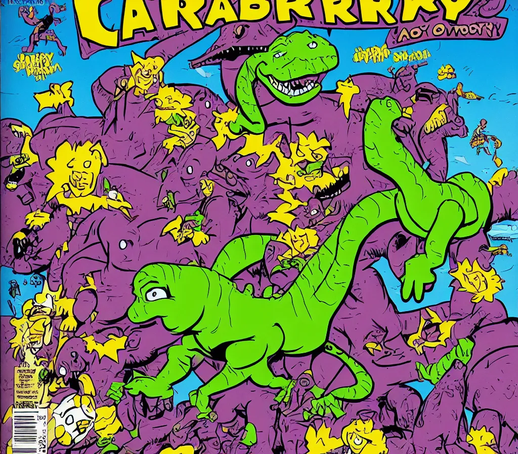 Image similar to barney the dinosaur action hero comic