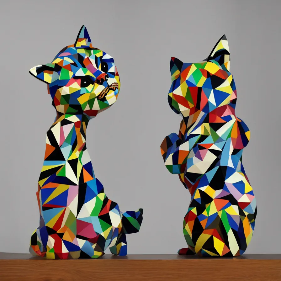 Image similar to beautiful gallery show studio photograph of a giant realistic geometric ceramic sculpture of lil bub cat!!!!, heavily glazed by bridget riley and victor vasarely, placed on a polished wooden table, colorful hyperrealism 8 k trending on artstation