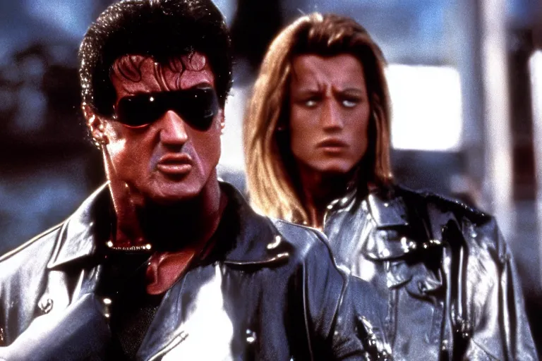 Prompt: a film still of Sylvester Stallone as the Terminator from the movie Terminator 2: Judgment Day (1991)