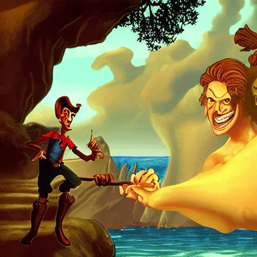 Image similar to guybrush threepwood confronts lechuck on monkey island. epic matte painting.