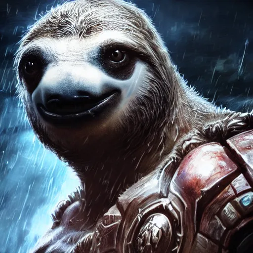 Prompt: portrait of sloth! as the god of thunder, league of legends amazing splashscreen artwork, gears of war, splash art, natural light, elegant, photorealistic facial features, intricate, fantasy, detailed face, atmospheric lighting, anamorphic lens flare, cinematic lighting, league of legends splash art, hd wallpaper, ultra high details by greg rutkowski