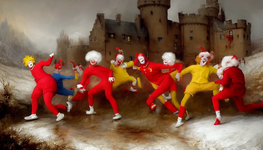Prompt: highly detailed painting of a group of ronald mcdonalds with red afros, white facepaint, red noses and yellow tracksuits dancing outside a pink snowy scottish castle by william turner, by greg rutkowski, by william constable, thick brush strokes and visible paint layers, 4 k resolution