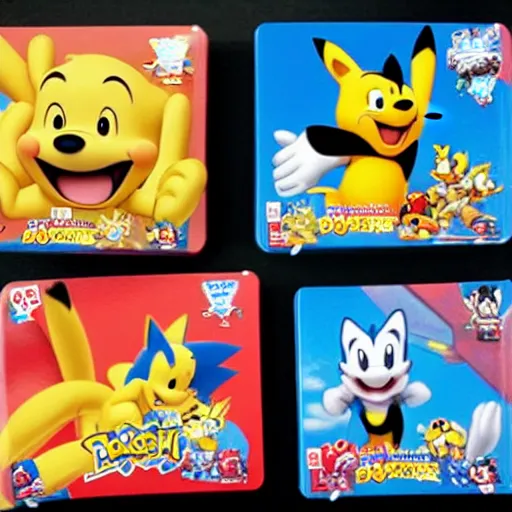 Image similar to photograph of winnie the pooh and super mario and sonic the hedgehog anime style, on pokemon card packs at target