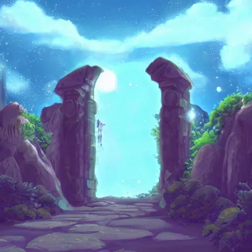 Image similar to gate portal with another world visible inside in studio ghibli style, dreamy, mystical, dark