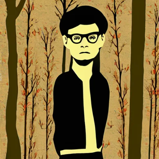 Image similar to beatnik standing in forest, style of andy warhol