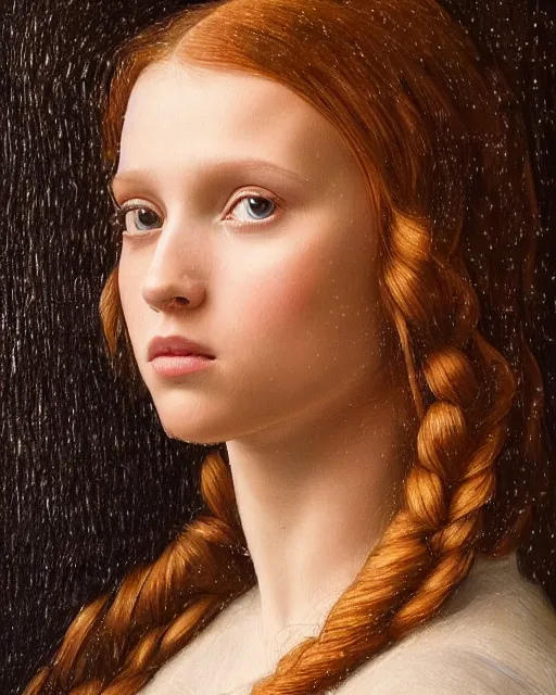 Image similar to a window - lit realistic portrait painting of a thoughtful girl resembling a young, shy, redheaded alicia vikander or millie bobby brown as an ornately dressed princess from the latest star wars movie, highly detailed, intricate, by leonardo davinci and boticelli