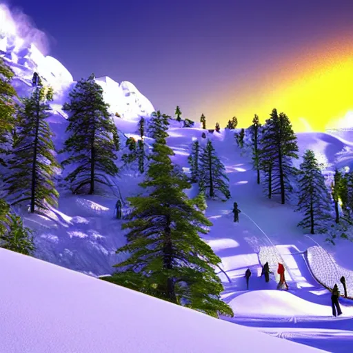 Prompt: psychedelic ski resort with hot springs, concept art, unreal engine 5 8k render