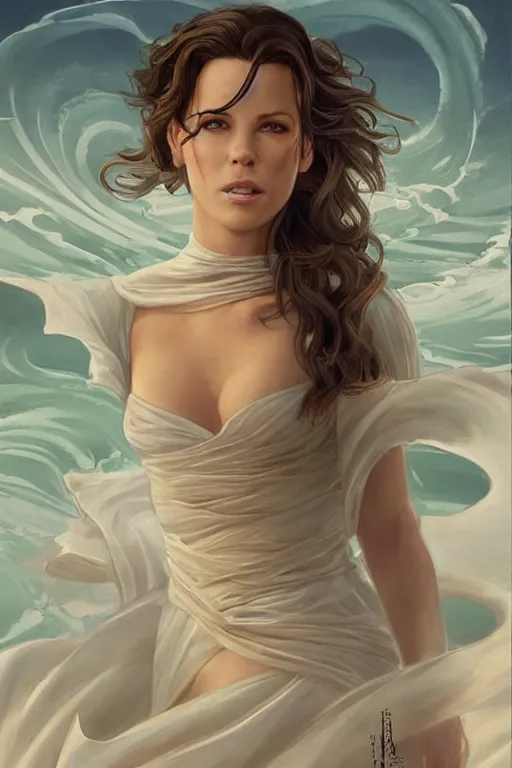 Image similar to kate beckinsdale as a heroine with a dress inspired by the great wave off kanagawa, digital painting, artstation, concept art, smooth, sharp focus, illustration, art by artgerm and donato giancola and Joseph Christian Leyendecker, Ross Tran, WLOP