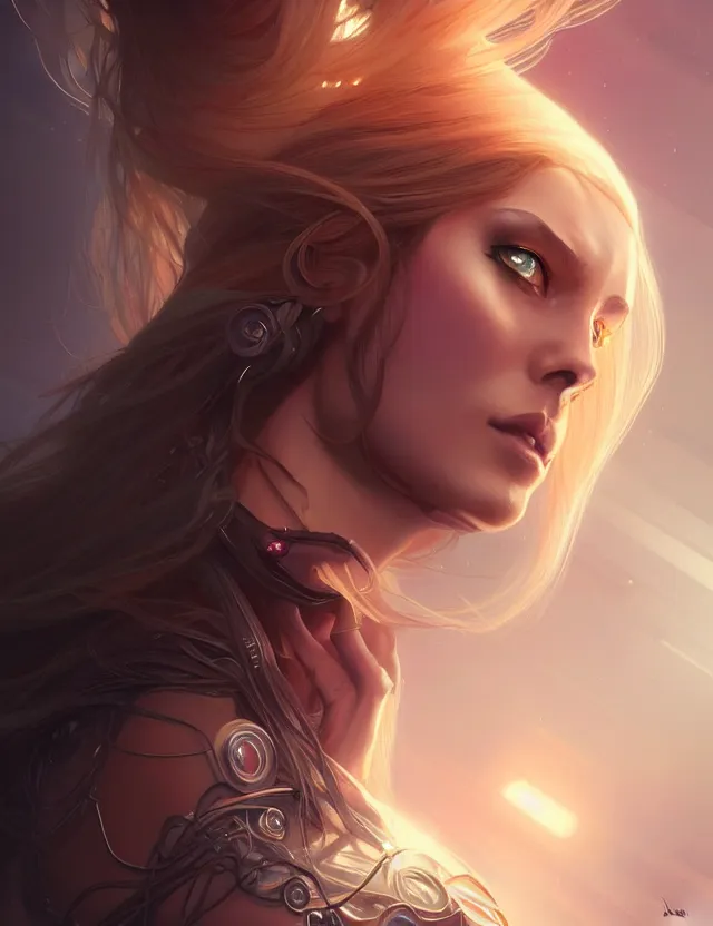 Image similar to futuristic woman portrait, sci-fi, amber eyes, face, long hair, fantasy, intricate, elegant, highly detailed, digital painting, artstation, concept art, smooth, sharp focus, illustration, art by artgerm and greg rutkowski and alphonse mucha