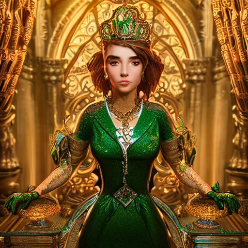 Image similar to portrait of princess of emerald, majestic, ornate, intricate, hyper detailed, accent lighting, kingdom in background, dramatic light, 4 k octane render