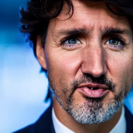 Image similar to a close up still of Justin Trudeau. He's lookin at you. He's wearing a suit, dark. Studio lighting, shallow depth of field. Professional photography City at night in background, lights, colors,4K