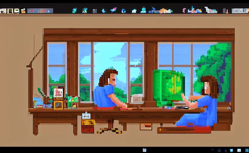 Image similar to Pixel-art. Trending on artstation. Screenshot of Music to chill/study to youtube video. Character sitting and relaxing in front of their work desk in their cozy room as a peaceful scene is seen through the room's window.