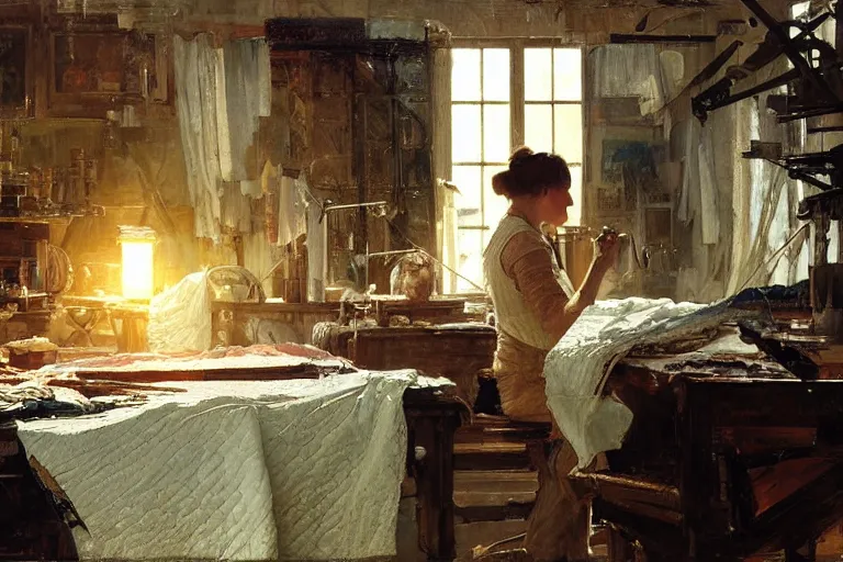 Prompt: oil painting of quilter working on a beautiful quilt in their workshop, art by anders zorn, wonderful masterpiece by greg rutkowski, beautiful cinematic light, american romanticism by greg manchess, jessica rossier and norman rockwell