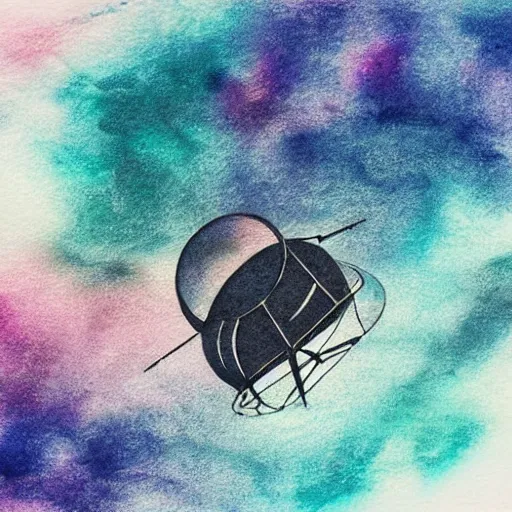 Image similar to high - angle view, close - up portrait, vague uap interstellar vehicle on top of an ephemeral rainbow gradient in the sky, muted ink and watercolor. minimalist, detailed, muted colors. ue 5