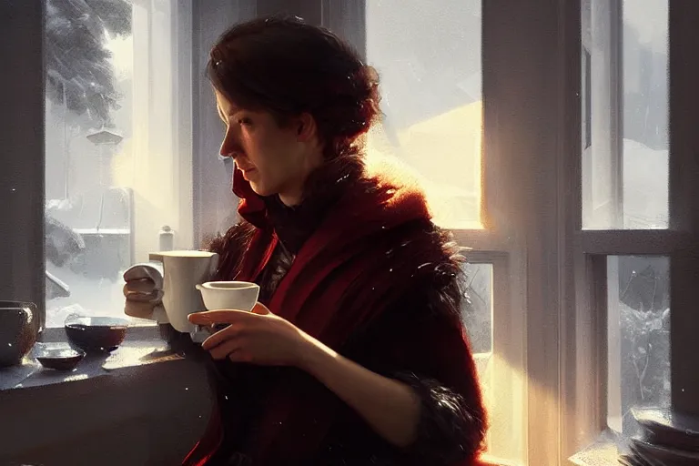 Prompt: norwegian lady drink some coffee. snow outside. hyper detailed, digital art, artstation, cinematic lighting, studio quality, smooth render, by caravaggio, artgerm, greg rutkowski, craig mullins