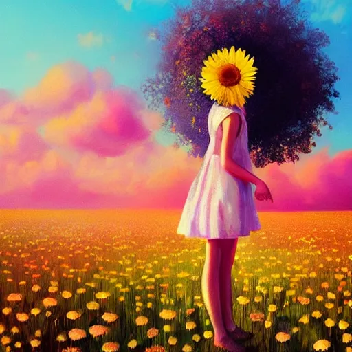 Prompt: head made of giant daisy, girl standing in a vast flower field, holding flowers, surreal photography, sunrise dramatic light, impressionist painting, colorful clouds, large sky, digital painting, artstation, simon stalenhag, flower face
