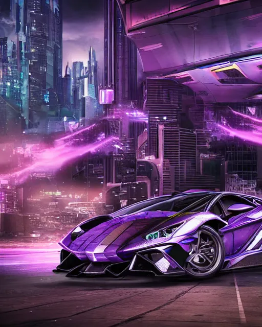 Image similar to hyper detailed purple lamborghini transformer, mecha cyberpunk city street background, 8 k photograph, dramatic lighting,