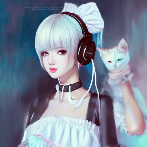 Image similar to realistic detailed semirealism beautiful gorgeous cute Blackpink Lalisa Manoban wearing white camisole maid outfit maid costume, white hair white cat ears blue eyes, headphones, black leather choker full HD 4K high resolution quality WLOP, Aztodio, Taejune Kim, Guweiz, Pixiv, Instagram, Artstation