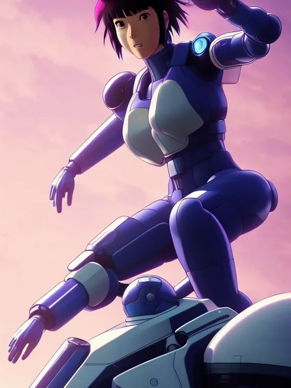 Image similar to a fullbody action still of motoko kusanagi riding on top of a tachikoma, the major ghost in the shell : : stand alone complex, under repairs, maintenance : : by ilya kuvshinov, rossdraws, artgerm, sola digital arts, anti aliasing, raytracing : :