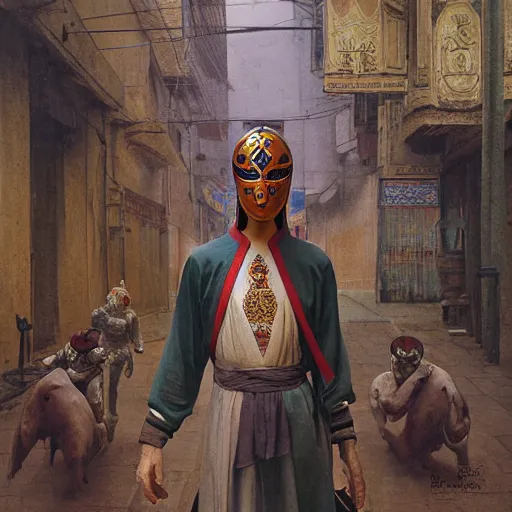 Prompt: portrait of masked Byzantine Tang Dynasty dancer on the art deco streets of the Undying Empire city of ya-Sattra during the Festival of Masks, award-winning realistic sci-fi concept art by Beksinski, Bruegel, Greg Rutkowski, Alphonse Mucha, and Yoshitaka Amano