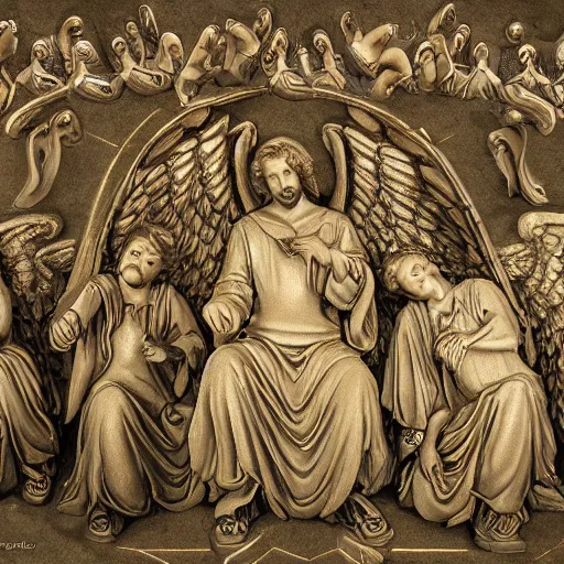 Image similar to angels protecting a praying man very highly detailed, award winning, trending on artstation, 4K UHD image