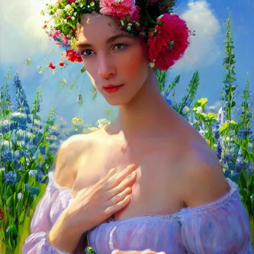 Prompt: a portrait of a romantic woman with flowers grow out of hair, roses peonies forget-me-nots dahlias lupins gladioli, sky theme in background, by Alexandr Averin, Digital Art, Trending on artstation