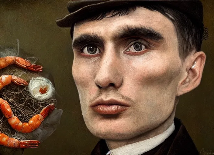 Image similar to thomas shelby made out of shrimp, lowbrow, matte painting, 3 - d highly detailed, in the style of mark ryden,