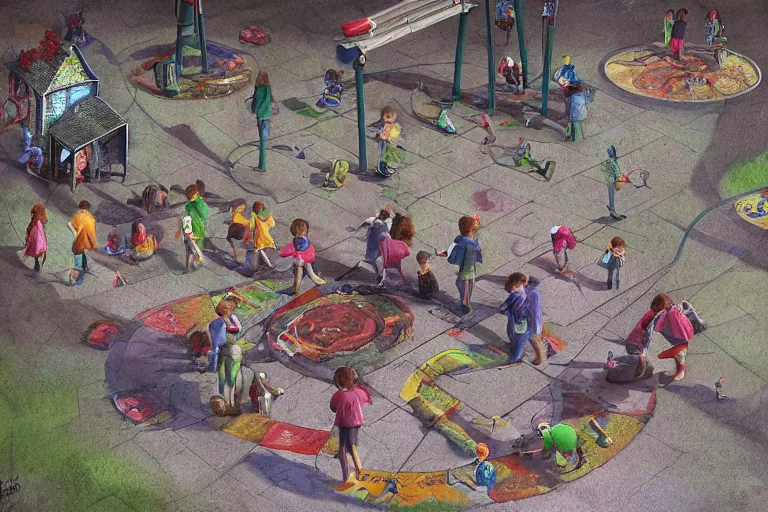 Image similar to cthulhu haunting children at the playground, painted by paul youll and marc simonetti, trending on artstation, dramatic lighting isometric view street art, crayon art, tilt - shift, final, remodernism