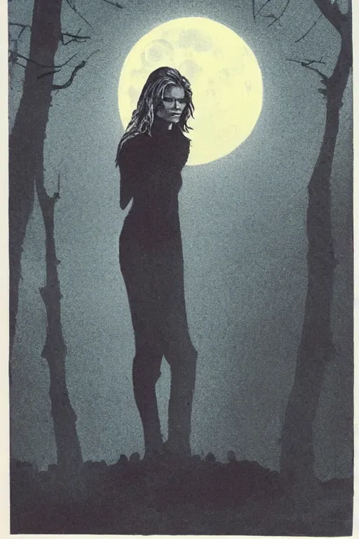 Prompt: michelle pfeiffer 1 9 8 0 s vhs tape cover, “ unico indizio la luna piena ”, atmospheric, realism, hand drawn, horror, grimy, in the woods, highly detailed, high octane render, hd, spooky moon and fog, in the style of enzo sciotti