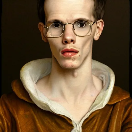 Image similar to A 17th century Baroque Painting of iDubbbz, grainy, realistic, hyperrealistic, very realistic, very very realistic, highly detailed, very detailed, extremely detailed, detailed, digital art, trending on artstation, detailed face, very detailed face, very detailed face, realism, HD Quality, 8k resolution, intricate details, body and head in frame, painting, oil painting, trending on deviantart, Baroque Painting