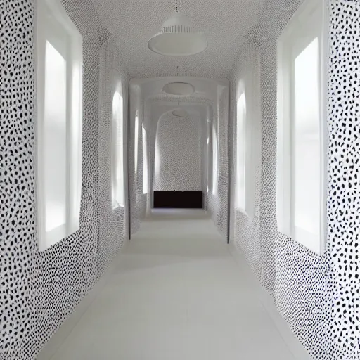 Image similar to a white corridor with a giant polka dot pattern on the walls