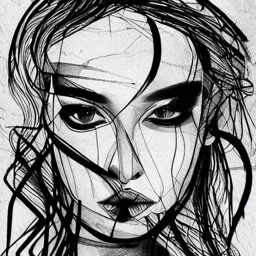 Prompt: a female portrait printed abstract faces in lines, one line artwork print, fashion poster, mini. abstract illustration, abstract sketches, art sketches, art drawings, tattoo sketches, line drawing tattoos, face line drawing, drawing faces, face sketch