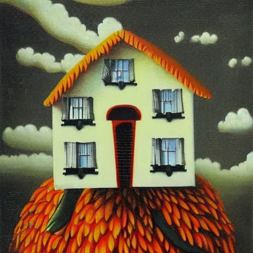 Image similar to Baba Yaga's chicken leg house stuck in traffic, painted in the style of René Magritte.