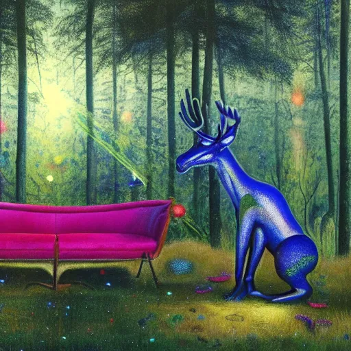 Image similar to psychedelic couch sofa in the lush pine forest, milky way, moose antlers, designed by arnold bocklin, jules bastien - lepage, tarsila do amaral, wayne barlowe and gustave baumann, cheval michael, trending on artstation, star, sharp focus, colorful refracted sparkles and lines, soft light, 8 k 4 k