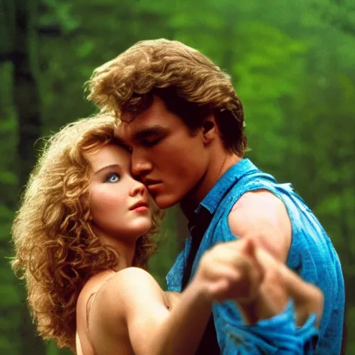 Image similar to dirty dancing poster with closeup portrait of young arnold schwarzenegger dancing with jennifer lawrence in the rain, 5 0 mm cinema shot, beautiful light, best lense, 9 0 s romantic movie, 4 k