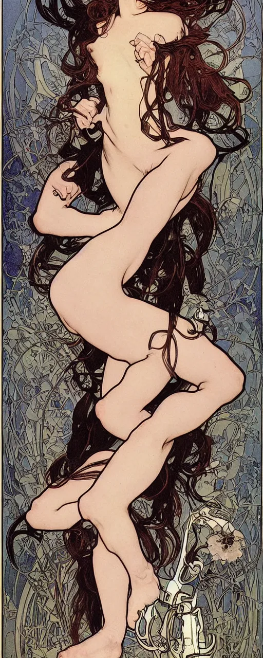 Image similar to striking sensual industrial art nouveau style portrait of kitty pryde as a norwegian black metal singer by michael kaluta, simon bisley and alphonse mucha, photorealism, extremely hyperdetailed, perfect symmetrical facial features, perfect anatomy, ornate declotage, weapon, latex, excited expression, wild eyes