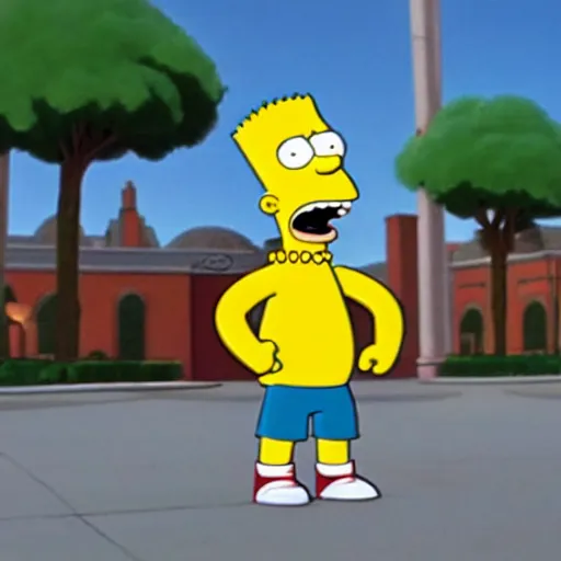 Image similar to bart simpson goes to college in the simpsons live action film, paramount pictures, directed by alan parker, full HD, cinematic lighting, award winning, anatomically correct