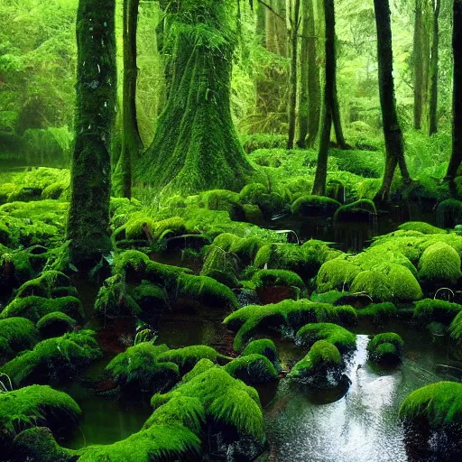 Prompt: round pools of water in a forest, as far as the eye can see, the wood between the worlds, narnia, lush green forest, moss and fern,