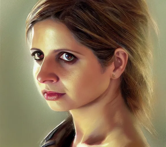 Image similar to a hyper-detailed portrait of Sarah Michelle Gellar; Sarah Michelle Gellar by Craig Mullins; oil on canvas; trending on artstation; 90mm; f/1.4