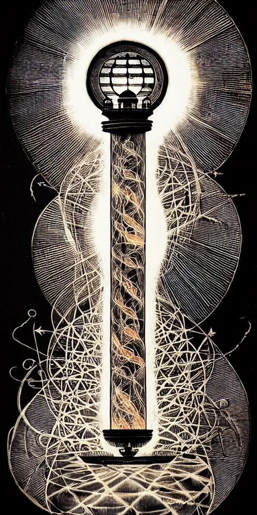 Image similar to an alchemical fiery lighthouse radiates a unique canto'as above so below'while being ignited by the spirit of haeckel and robert fludd, breakthrough is iminent, glory be to the magic within, in honor of saturn, painted by ronny khalil