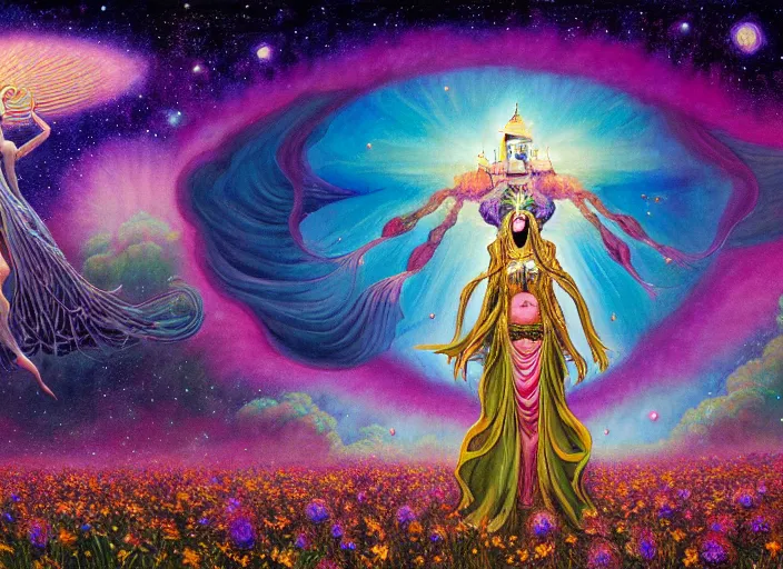 Image similar to a beautiful painting of a large alien godess emerging from a magical shrine shrouded by mystic nebula magic in a field of flowers by moebius and android jones, oil on canvas sharp, details, hyper - detailed, hd, hdr, 4 k, 8 k