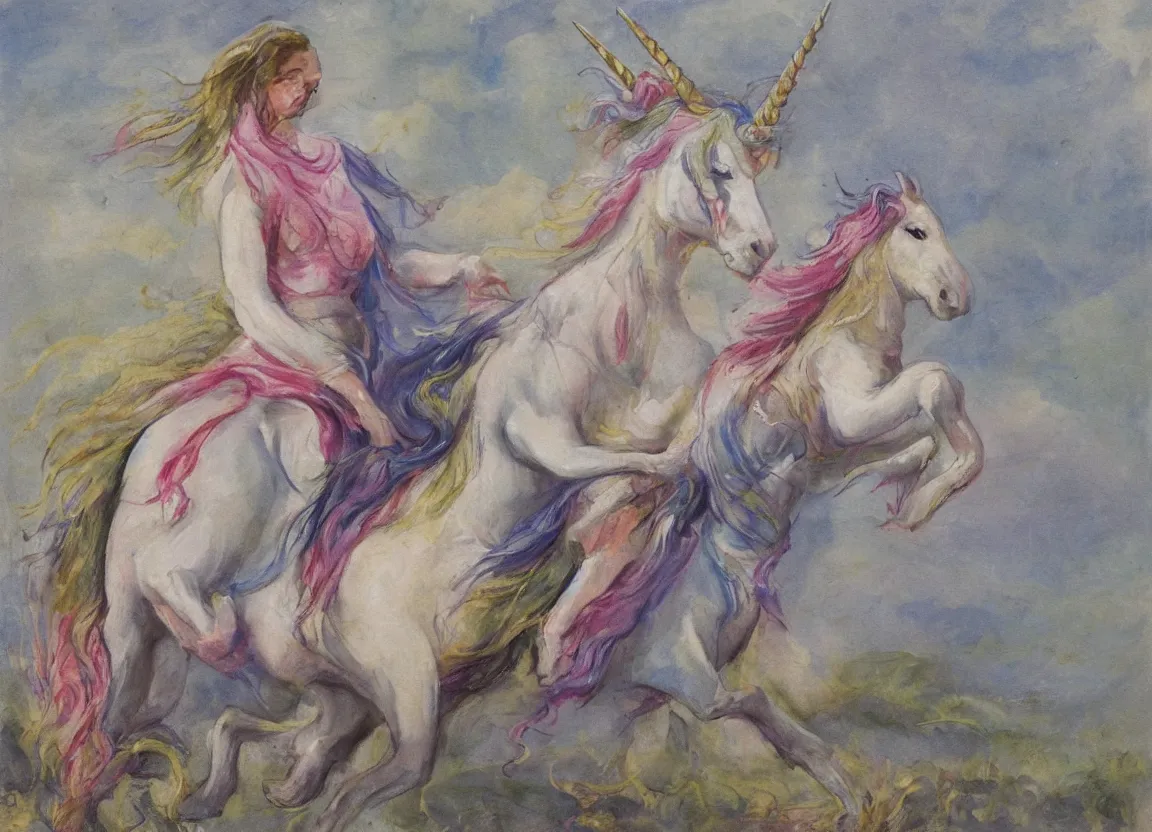 Prompt: woman riding a unicorn