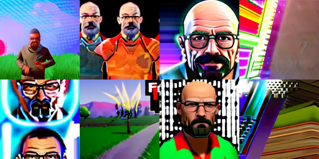 Prompt: Walter white in fortnite, screenshot