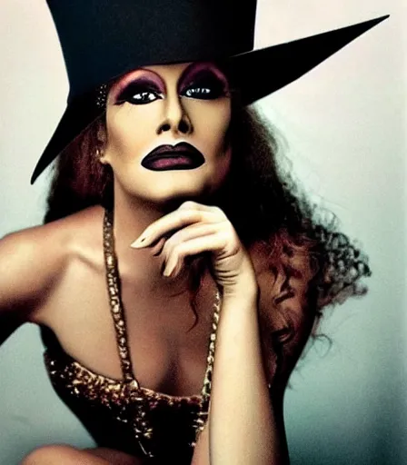 Prompt: a high quality, high detail, portrait of a drag queen by annie leibovitz, intense look in the eyes, moody, nostalgic