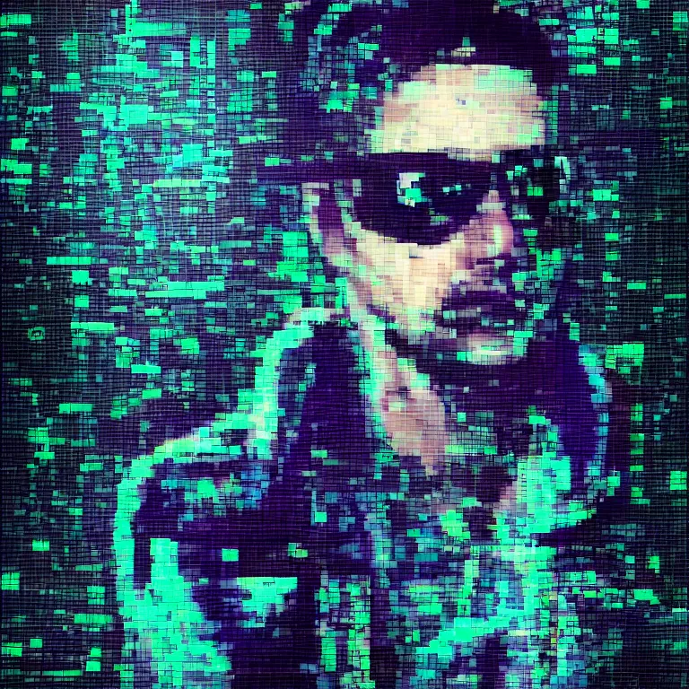 Prompt: Glitch-art portrait of cool cyberpunk hacker in style of John Nelson, realistic