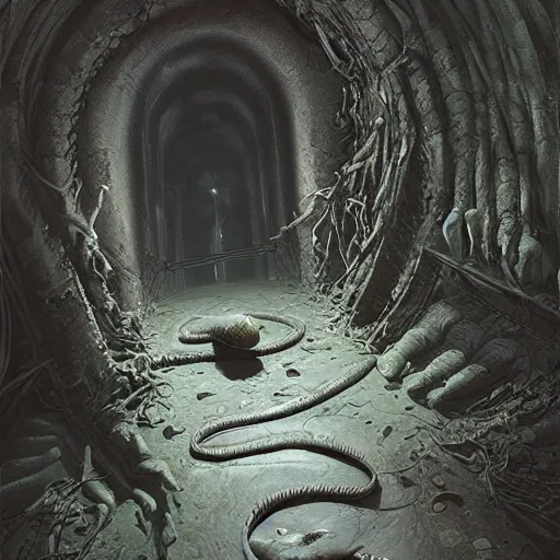 Image similar to a big anaconda in a dark grave squeezing around a buried body, cemetery, horror ,digital art,realistic,detailed,art by greg rutkowski