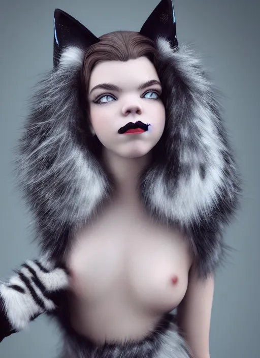 Image similar to full body environmental portrait photo of dressed catgirl anya taylor - joy, cat ears, fur, glamour shot by gemmy woud - binnendijk, chris knight, photorealistic, canon r 3, high fashion photography, elegant, luxury and elite, symmetry, octane render, unreal engine, solid dark grey background, dramatic lights