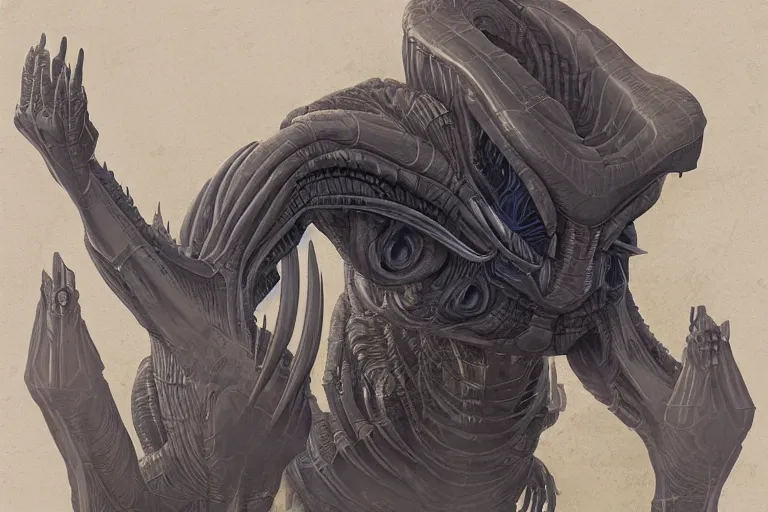 Image similar to Blueprint of alien boss, book, page, biology, detailed, artstation, cgsociety, Ralph McQuarrie and Greg Rutkowski